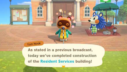 ACNH - Tom Nook announces the opening of the upgraded Resident Services building