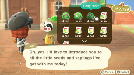 ACNH - Leif sells shrubs and flower seeds