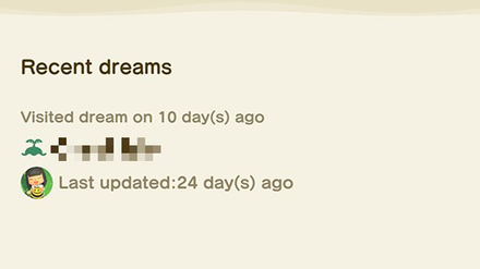 ACNH - A screenshot of recent dreams visited in the-game with the Dream Address blurred for privacy