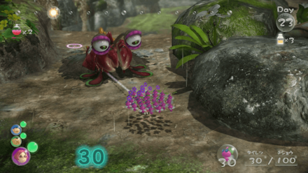 Make the winged pikmin charge at the Bug-Eyed Crawmad.png