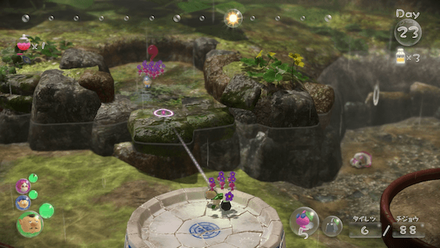 Throw an ally and 5 winged pikmin across the water.png