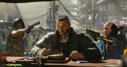 a cyberpunk 2077 assassin wearing a jacket, weapon