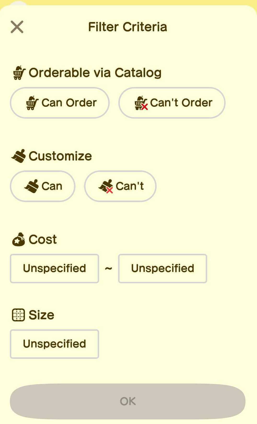 ACNH - The filter menu for the Catalog in NookLink
