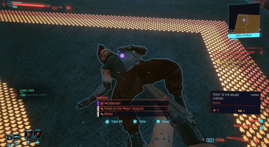 Cyberpunk 2077 Cyberpsychosis Sighting Ticket to the Major Leagues 02.png