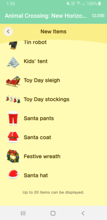 ACNH -  A screenshot of NookLink continuing to show the 20 most recent items