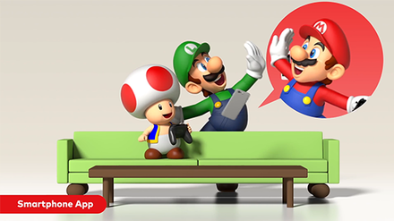 ACNH - Luigi and Toad hanging out in a couch with Mario in a speech bubble indicator above the phone to showcase Nintendo Switch Online
