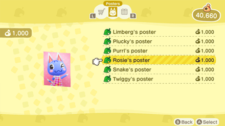 ACNH - A selection of character posters available in Nook Shopping