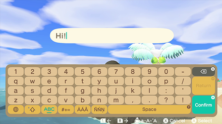 ACNH - A player uses the onscreen keyboard to chat with friends