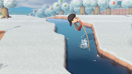 ACNH - A resident jumps over a river by using a vaulting pole