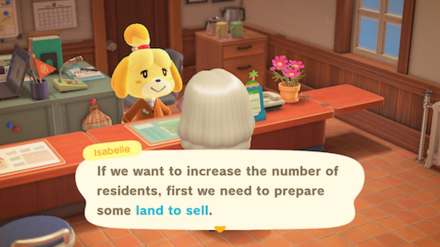 ACNH - Isabelle tells a resident to sell more land to raise the island rating