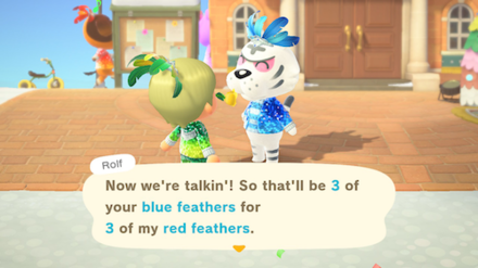 ACNH - A resident trades blue feathers with a villager in exchange for read feathers