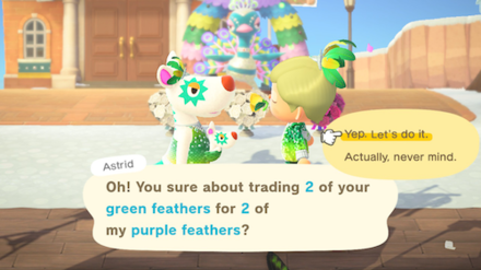 ACNH - A resident trades green feathers with a villager in exchange for purple feathers