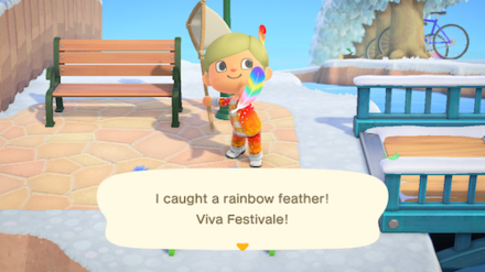 ACNH - A resident catches a Rainbow Feather