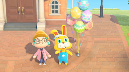 ACNH - A resident and Zipper look up at the camera