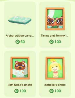 ACNH - A screencapture of items available to be redeemed for Nook Points