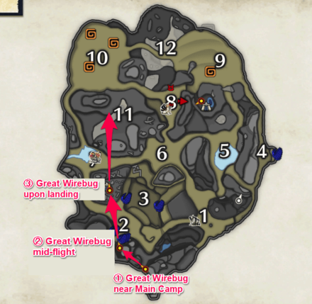 Monster Hunter Rise (MH Rise) - 3 great wirebugs shortcut from main camp to area 11