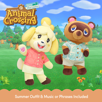 Isabelle and Tom Nook in Summer Outfits from the Build-A-Bear Animal Crossing: New Horizons collection