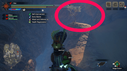 MH Rise - Bonepile in lower Sandy Plains on a cliff with tree