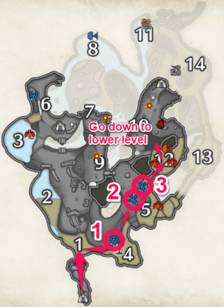 MH Rise - Farming Route for Mining Outcrops in Lava Caverns (upper level)