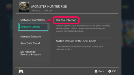 MH Rise - Software Update via the Internet