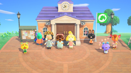 ACNH - Villagers stand in front of Resident Services