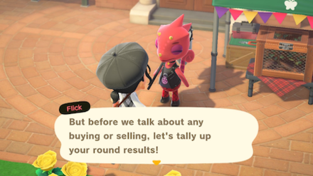 ACNH - Flick offers to tally the round results in Bug-Off