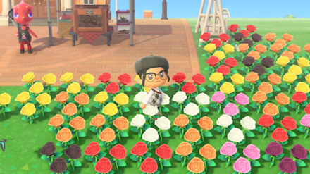 ACNH - A villager stands in the middle of a flower field during Bug-Off