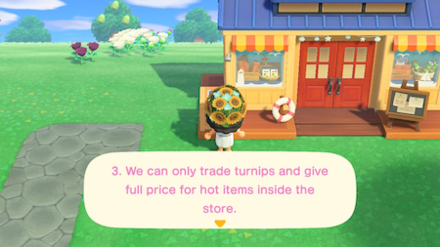 ACNH - A resident learns that turnips and hot items can only be sold inside the store.PNG
