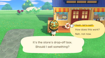 ACNH - A resident ponders selling in front of the store