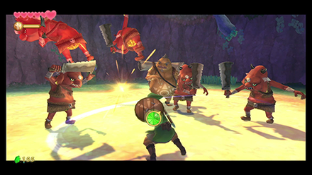Exit through the front door and defeat the Red Bokoblins bothering the Goron