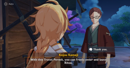 Genshin - Afterwards, Kujou Kamaji will give you the permit and his gifts to Chisato