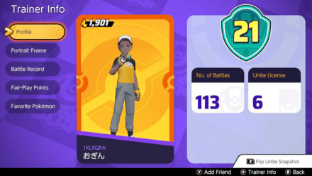 Pokemon UNITE - Trainer Info Screen
