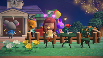 ACNH - Player eating a drinking boba tea during the Firework Show event