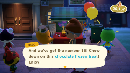 ACNH - Player winning a chocolate frozen treat from Redd