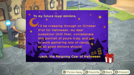 ACNH - An in-game screenshot of a letter received from the Halloween Czar Jack