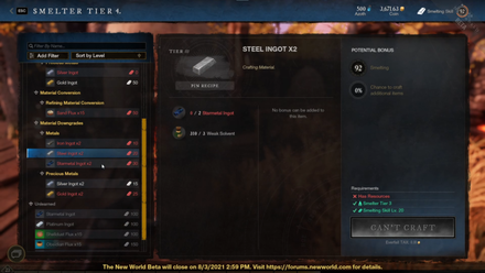 New World Smelter Menu