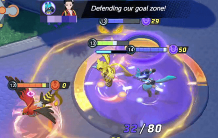 Pokemon UNITE - Zeraora, Lucario, and Cinderace Defending Goal from Talonflame size:440x279