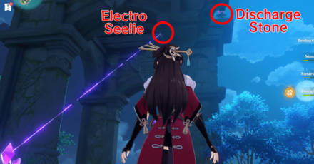 Genshin - Suigetsu Pool - Electro Seelie connected to discharge stone