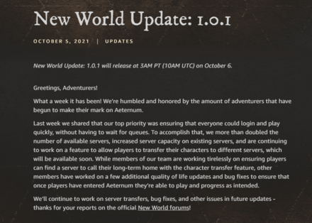 New World Update 1.0.1 Release Date