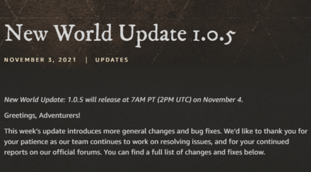 New World - Update 1.0.5 Release Date