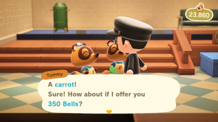 ACNH - Tommy offering 350 Bells for a carrot