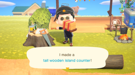 ACNH - A resident crafts tall wooden island counter