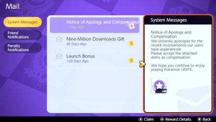 Pokemon UNITE - Notice of Apology Battle Points Mail