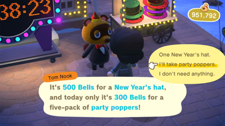 ACNH - A resident tries to buy party poppers from Tom Nook