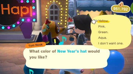ACNH - Tom Nook asks what color the resident would like