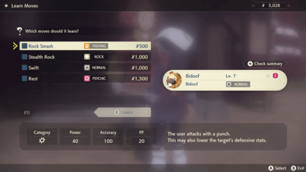 Pokemon Legends Arceus - Move Tutor Menu