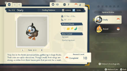 PLA Starly Complete Pokedex Entry