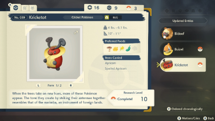 PLA Complete Kricketot Dex Entry