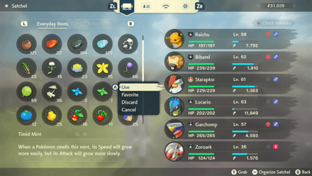 Pokemon Legends Arceus - Choose a Mint to Use on a Pokemon