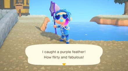 ACNH - A resident catches a purple feather